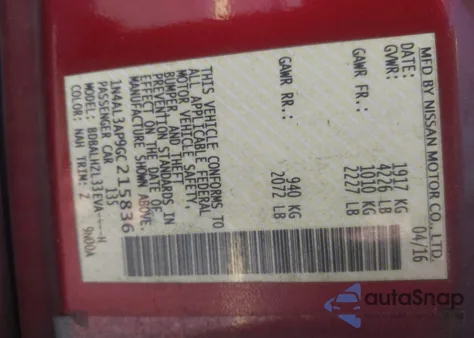 2016 Nissan Altima 2.5 Sr из США, поврежденный, VIN 1N4AL3AP9GC215836